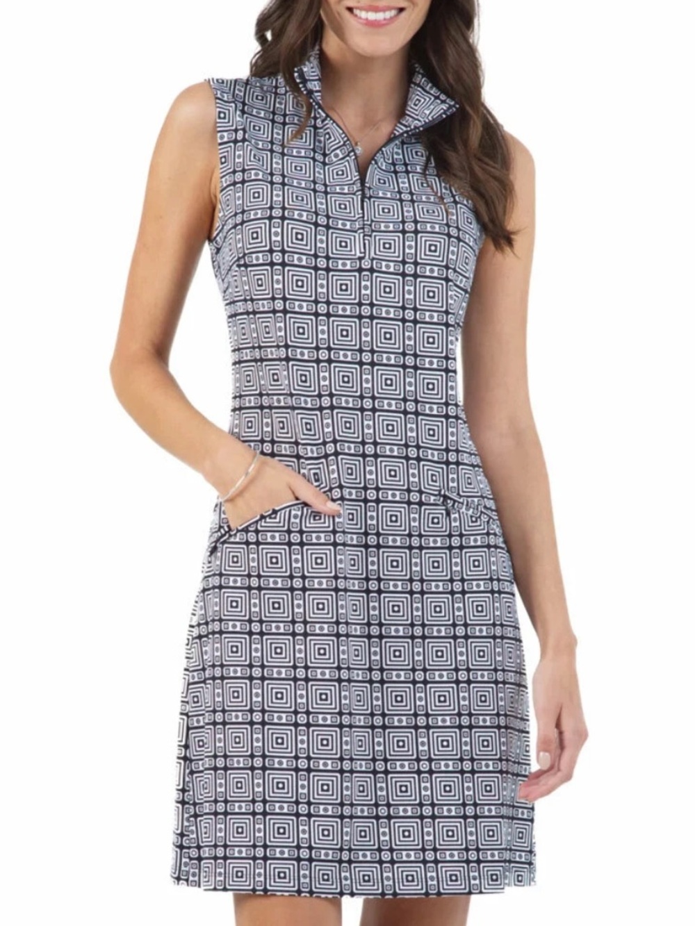 IBKUL PRICILLA Black & White Sleeveless Mock Golf Tennis Dress